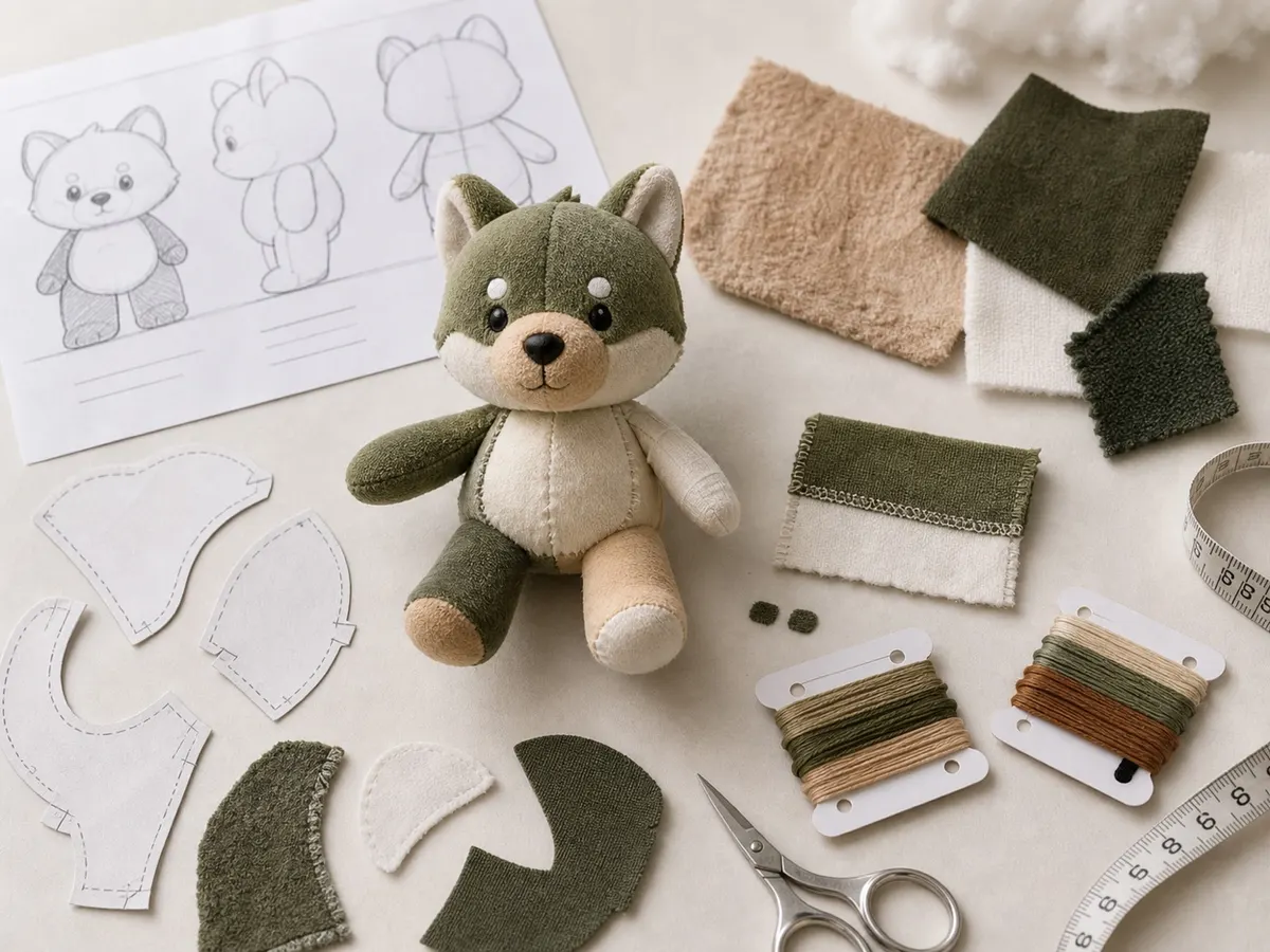 Custom plush sample review with artwork, fabric swatches and pattern pieces